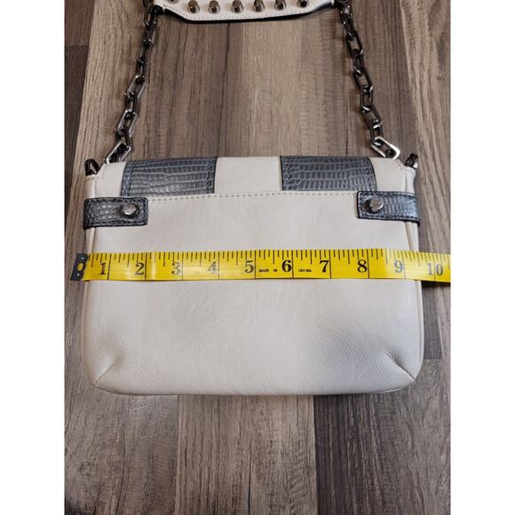 GUESS Leather Gray Cream Studded Handbag Purse Y2K Gunmetal Chain Handle - Picture 8 of 11